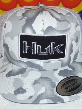 NWT HUK Performance Fishing White and Gray Camo Print Hat Embroidered Logo OS